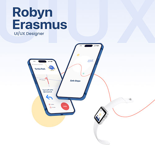 Portfolio hero for UI/UX designer Robyn Erasmus, featuring floating smartphones and a smartwatch displaying app interfaces.