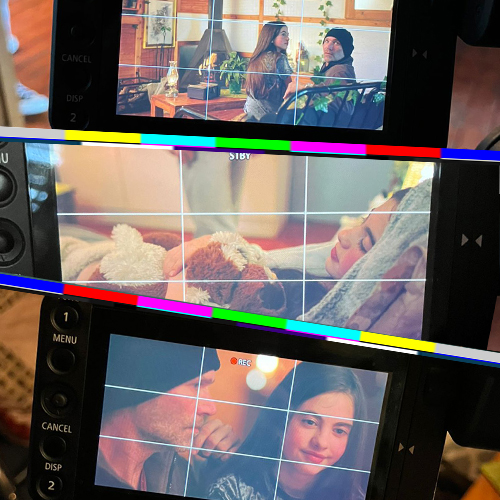 Camera monitor with color bars and grid overlays showing three scenes: people in a cafe, a person resting with a teddy on a bed, and a smiling girl.