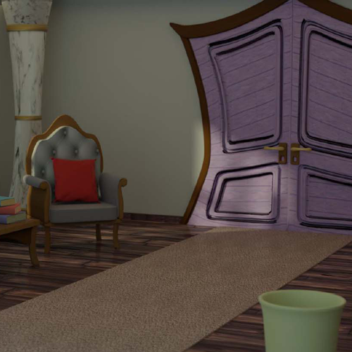 Cozy room with a tufted armchair, red pillow, wooden floor, and a beige runner rug leading to large purple double doors.