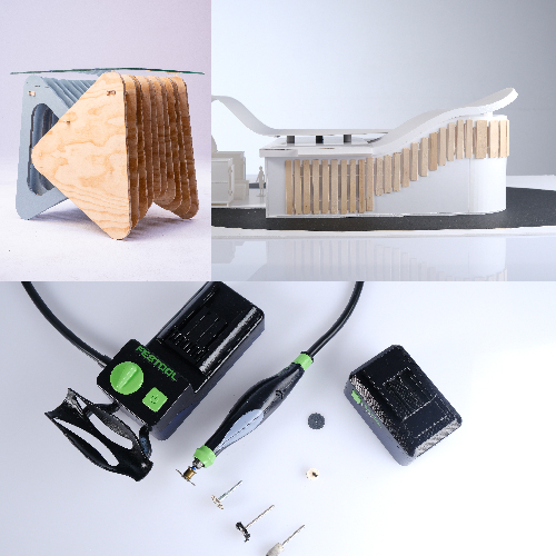 Collage showing woodworking tools (jigs and a curved cutting jig) and a soldering iron kit with accessories.