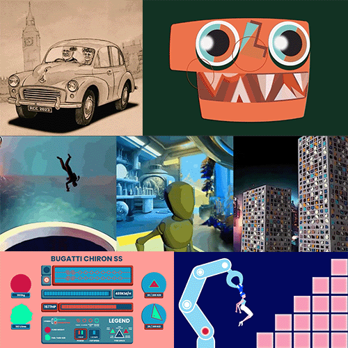 Eight-image collage: vintage car, orange cartoon monster, diver leaping into water, yellow lab-robot in a futuristic scene, tall city buildings at night, retro dashboard labeled Bugatti Chiron SS, robotic arm lifting a climber, and a pink square-bar chart.
