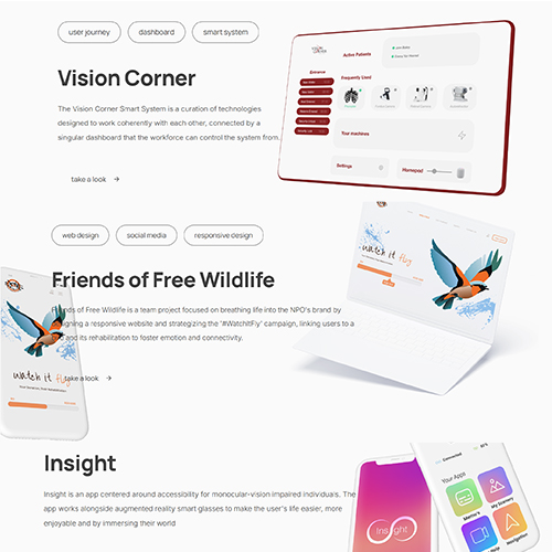 Product page featuring Vision Corner: angled device UI screens with tag labels like user journey, dashboard, smart system on a white background.