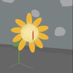 Stylized sunflower with yellow petals standing in a gray landscape under a cloudy sky.