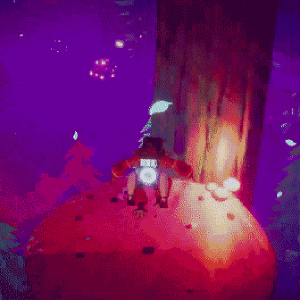 Character in a red jacket and hat with a lantern standing on a glowing red mushroom in a purple forest scene.