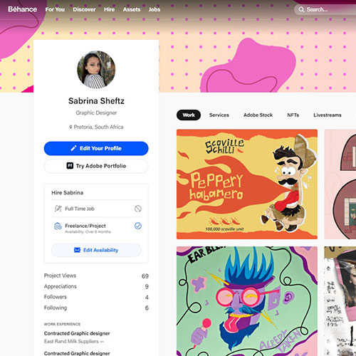 Behance profile page for Sabrina Sheftz, Graphic Designer, with a profile card on the left and a grid of artwork thumbnails on the right