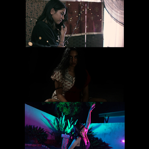 Vertical collage of three scenes: a woman near string lights, a seated woman in a dimly lit room, and a person dancing under neon lights.