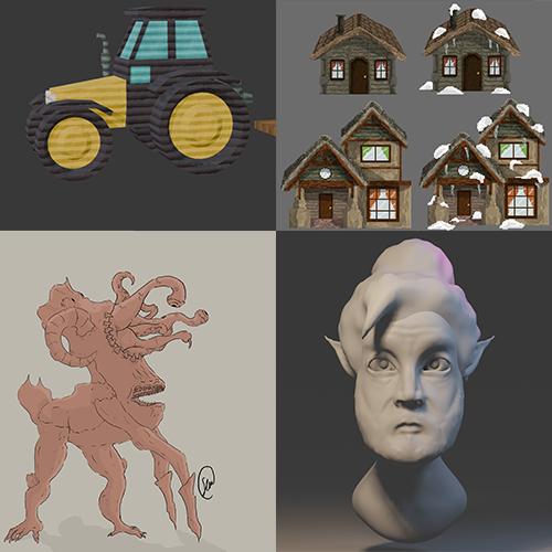 Four-panel collage of 3D models: a yellow-and-blue tractor (top-left), snowed rustic houses (top-right), a pink tentacled demon creature (bottom-left), and a pale goblin bust (bottom-right).