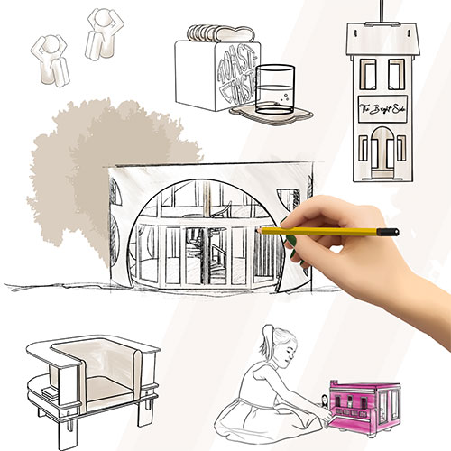 Hand sketching a storefront with an arched entrance, surrounded by floating design doodles of furniture and people.