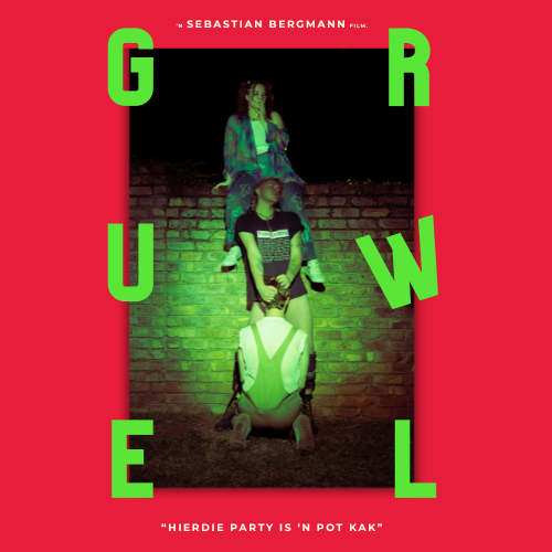 Poster-style image: red background with a central photo of two people under green lighting against a brick wall, lime letters arranged around the edges, and a bottom caption in Afrikaans reading “Hierdie party is ’n pot kak.”
