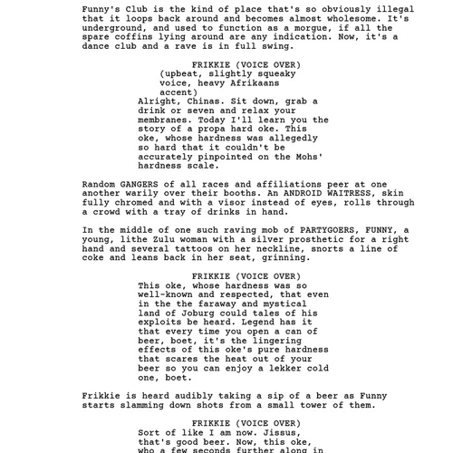 Page of a script with dialogue blocks labeled FRIKKE (VOICE OVER) and Random GANGERS, including stage directions on a white background.