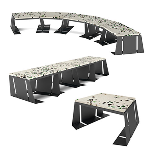Three modular office conference tables with light speckled tops and dark metal legs arranged in curved, straight, and L-shaped configurations.