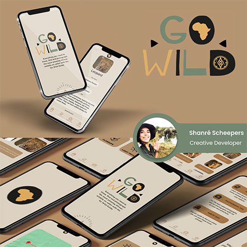 Promotional collage of iPhones showing the Go Wild app interface, Africa silhouette logo, and a circular profile badge for Shanré Scheepers.