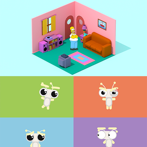 Isometric pink living room with two people and a purple stereo; below, four panels show a white robot with antennae expressing different moods.