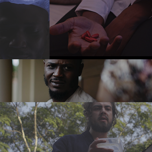 Collage of four scenes: a dark-skinned man’s face in shadows, a hand holding red pills, a bearded man looking toward the camera, and a man outdoors with a drink.
