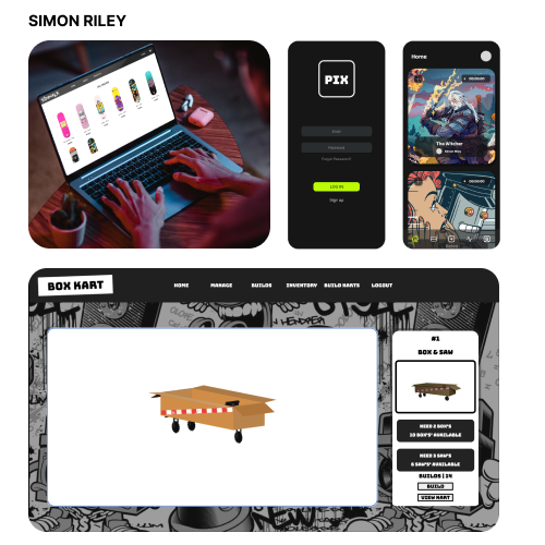 Collage of UI screenshots: laptop product page, PIX login screen, mobile app with vibrant art, and a large storefront interface with a cardboard box graphic.