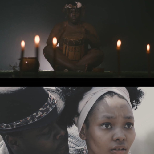 Two-panel image: top panel shows a person sitting cross-legged in a dark, candlelit room, appearing to perform a ritual. Bottom panel shows a close-up of a worried woman wearing a white headband, with a man leaning close beside her in the background.