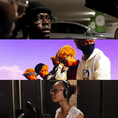 Triptych collage: top shows a man with glasses and a beanie in a parking garage; middle depicts diverse youths with colorful hair outdoors under a purple sky; bottom features a woman wearing headphones singing into a microphone in a studio.