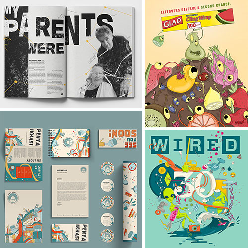 Collage of four design images: a black-and-white 'PARENTS HERE' magazine spread, a colorful fruit-and-creature cereal ad, a grid of brochure layouts, and a vibrant Wired cover with underwater tech art.
