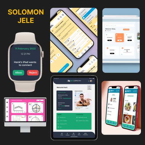 Collage with 'SOLOMON JELE' branding, a smartwatch showing a consent dialog, and multiple mobile, tablet, and desktop UI screens.