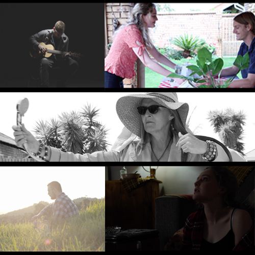 Six-photo collage: top left a man playing an acoustic guitar in a dark setting; top right two people tending plants on a patio; middle left a woman holding a selfie stick with palm trees in the background; middle right a woman in a wide sun hat giving thumbs up; bottom left a man in a sunlit field with a guitar; bottom right a woman indoors in a dim room.