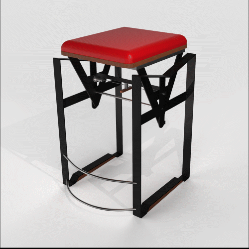 Stool with a red rectangular cushioned seat on a black metal frame and curved chrome footrest.