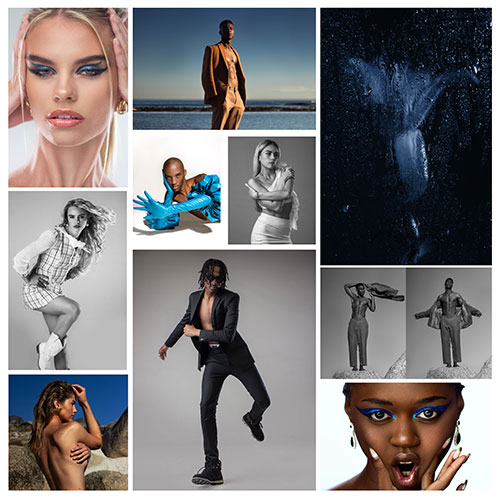 Collage of fashion photos featuring multiple models in stylish outfits and dramatic poses, with a dark abstract image on the top-right.