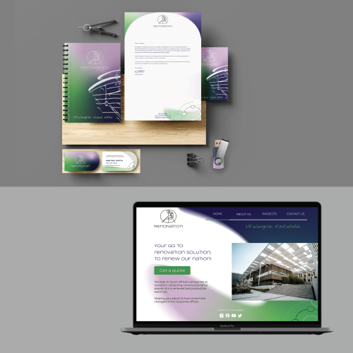 Branding mockups on a desk: notebooks, brochures, business cards, clips, and a USB drive beside a laptop displaying the brand site.