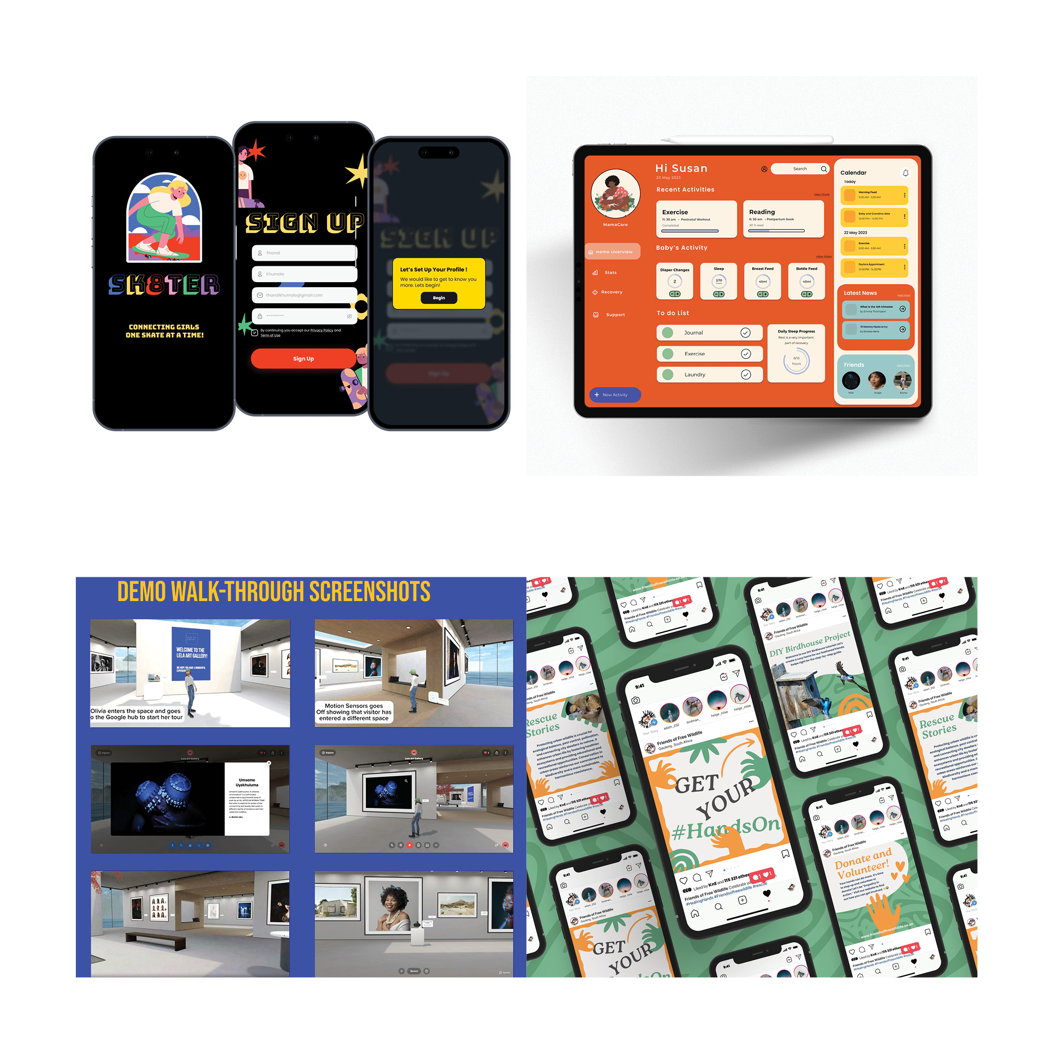 Group of devices displaying app demo screenshots: three dark smartphones with signup/login screens on the left and a tablet with an orange dashboard on the right.
