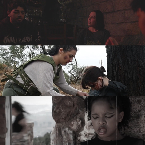 Three-panel collage: people in a dim bar, two women aiding an injured person outdoors, and a distressed child near ruins.