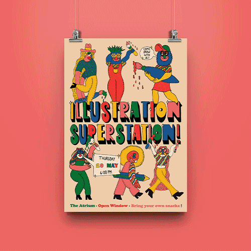 Colorful illustrated poster for an event titled 'Illustration Superstation!' with cheerful cartoon characters, hung on a pink wall by clips.