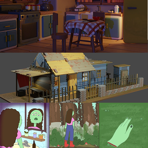 Dimly lit retro kitchen top section with a checkered tablecloth, chairs, and a stove.