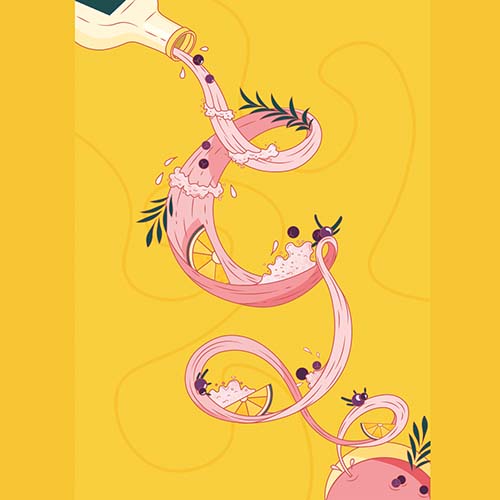 Abstract yellow illustration of a pink, elastic-looking creature being poured with liquid from a bottle, curling into spirals.
