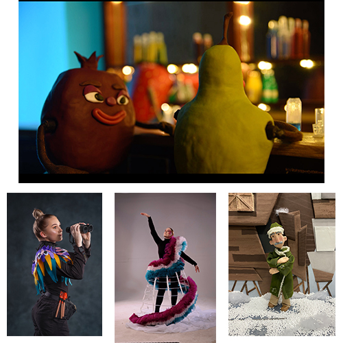 Two claymation characters at a dimly lit bar, facing each other with bottles in the background.