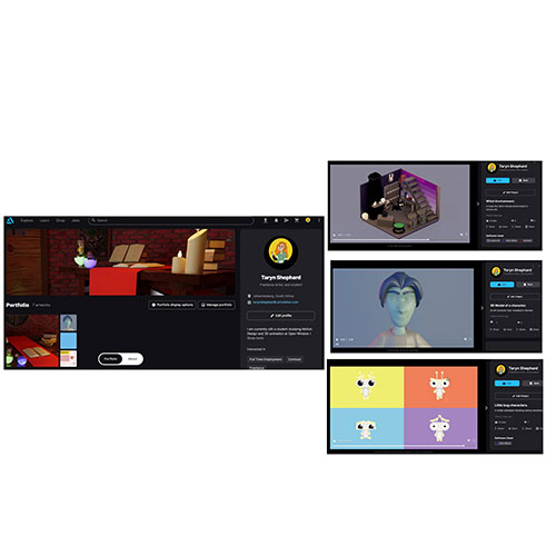 Collage of a dark UI dashboard with a user profile on the left and three preview panels on the right showing a 3D room, a blue avatar, and a four-panel character grid.