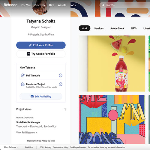 Behance profile for Tatyana Scholtz, graphic designer from Pretoria, with profile actions and a portfolio grid on the right.