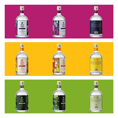Nine identical glass bottles with corks and white labels, arranged in three rows on magenta, yellow, and green backdrops.