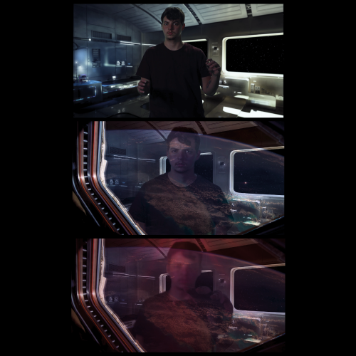 Triptych: a man in a sci‑fi spaceship cockpit in three poses, with starry exterior visible through the windows.