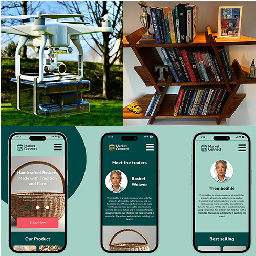 Collage showing a white drone outdoors, a wooden bookshelf with books, and three phone screens displaying a Market Connect app.