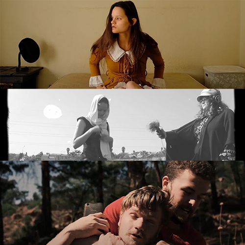 Triptych collage: top a woman in a vintage brown dress indoors, middle grayscale outdoor scene with two figures, bottom two men embracing in a forest.