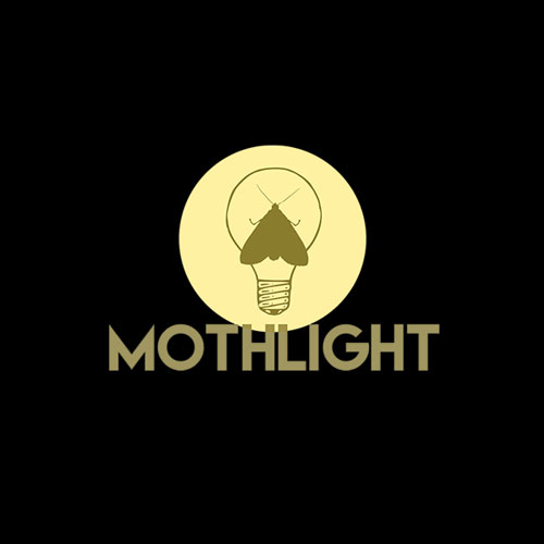 Mothlight logo: pale yellow circle with a moth-shaped bulb inside, and the word MOTHLIGHT underneath on a black background.
