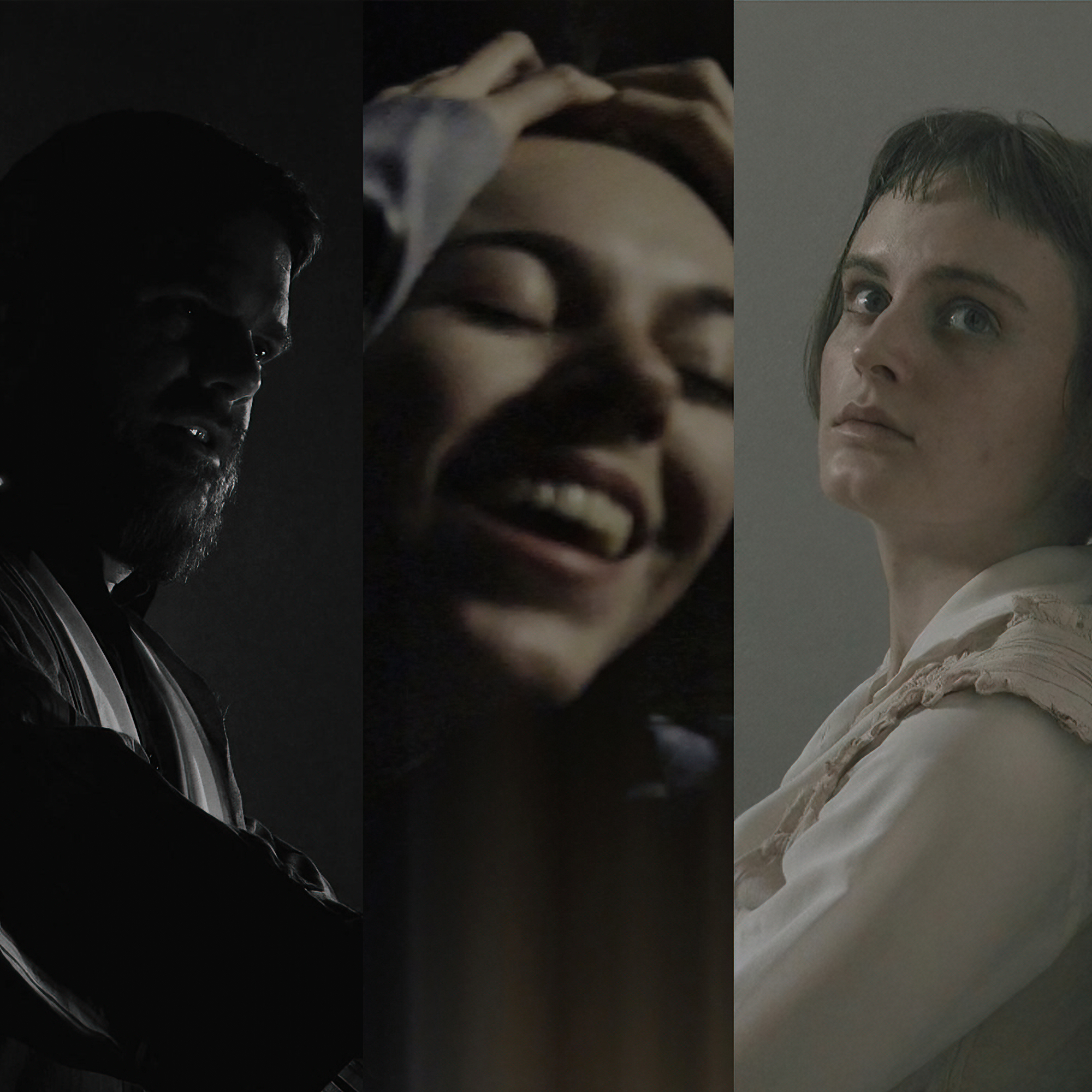 Three-panel collage: left a dark silhouette of a man, middle a smiling person with hands on their head, right a woman looking up
