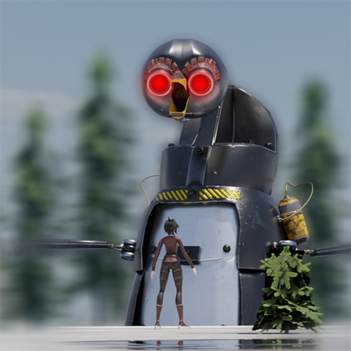Gigantic battle robot with glowing red eyes towers over a standing woman, set against a forested backdrop.