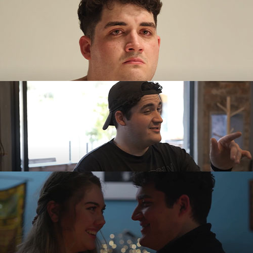 Three-panel collage: top shows a close-up of a man with a serious expression, middle shows a man in a backward cap gesturing while talking, bottom shows a couple smiling at each other in conversation.