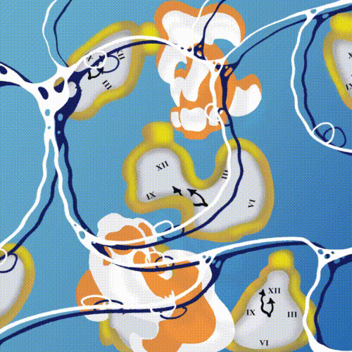 Abstract blue artwork featuring interconnected white lines and yellow-orange clock-like shapes against a gradient background, decorative and abstract.