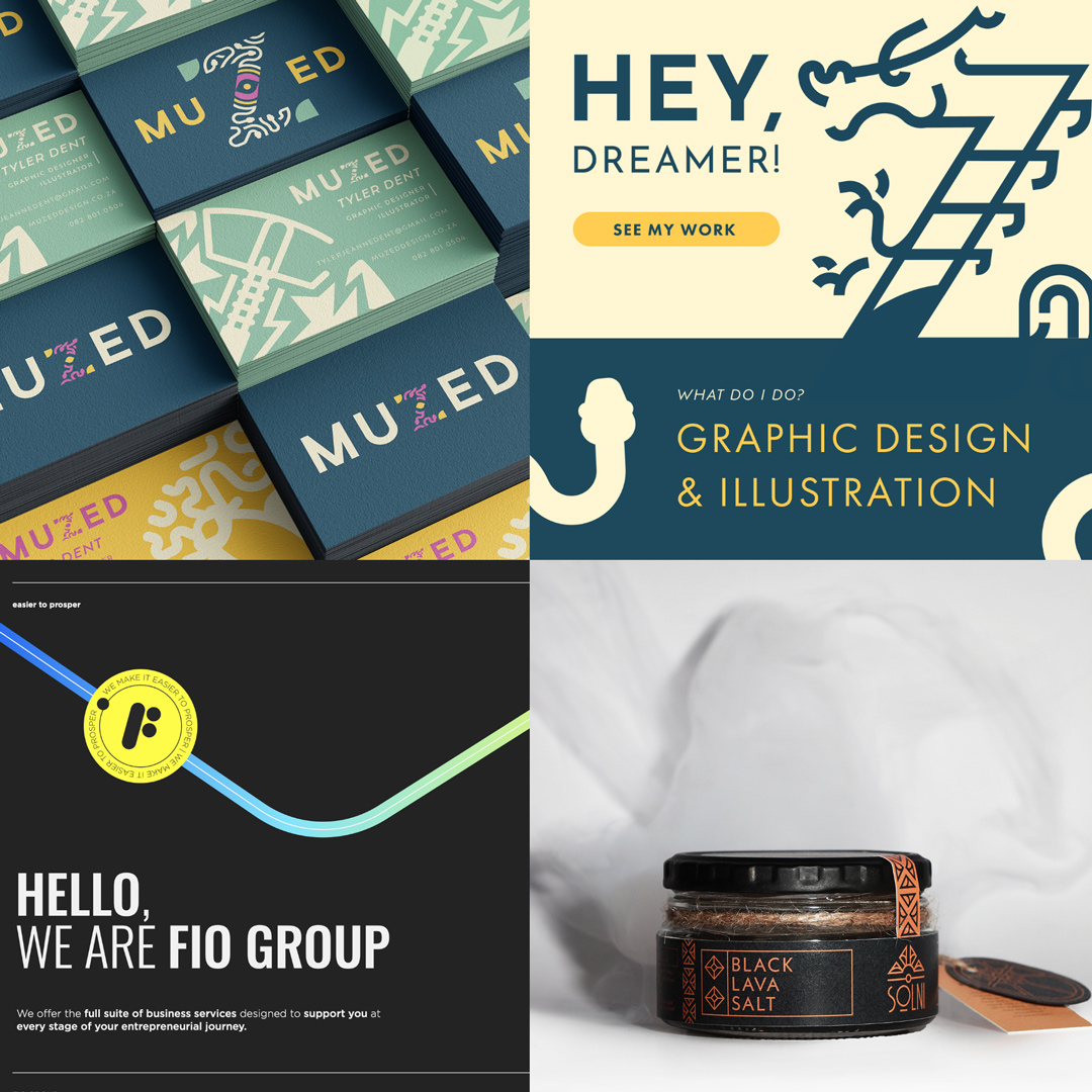 Collage of branding work: stacked business cards, bold typography, and promotional banners, plus a product shot of Black Lava Salt jar.
