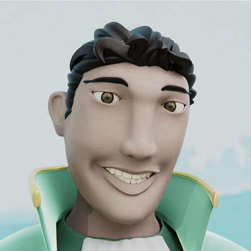 3D-rendered male character with dark wavy hair, tan skin, and a teal jacket, smiling at the camera against a pale blue background.