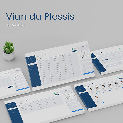 Portfolio header with name 'Vian du Plessis' and 'Developer' role, featuring floating blue-and-white UI mockups and a small potted cactus on the left.