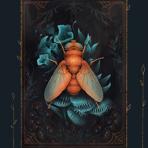Ornate framed digital illustration of an orange cicada perched among teal leaves on a dark background.