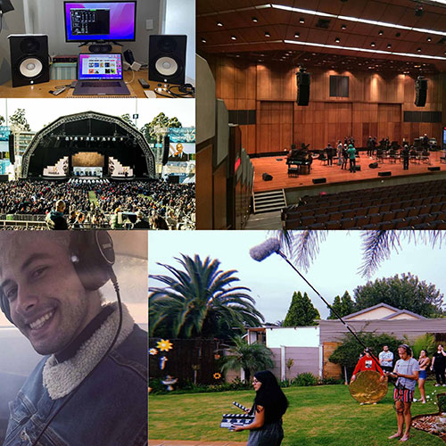 Collage of music and film activities: home recording studio with monitors and gear; stage rehearsal and audience photo; outdoors festival crowd; smiling man wearing headphones; outdoor film crew with boom mic in a yard.
