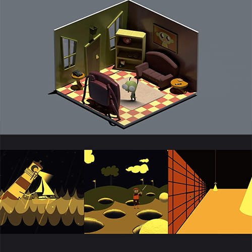 Isometric 3D living room with green walls, checkered yellow–red floor, couch, shelves, a desk, window, and a small green character standing near the center.